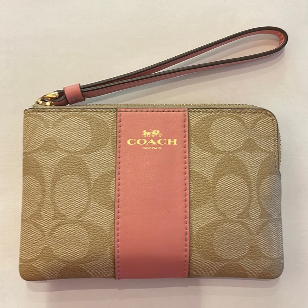 Coach Leather Zippered Wallet Wristlet Tan and Pink